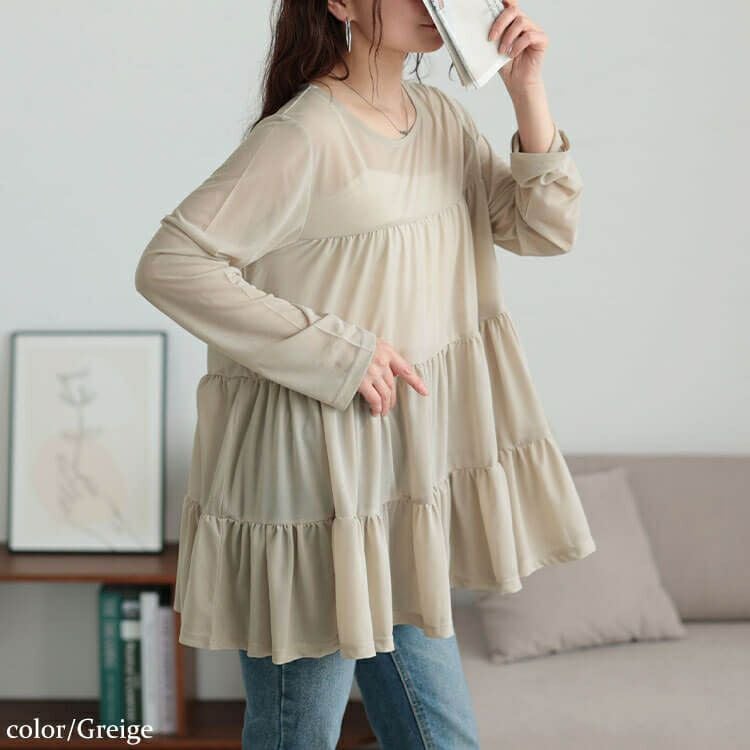 大きいサイズ レディース ストレッチカットシフォンティアードチュニック　maru-30116 【メール便可】