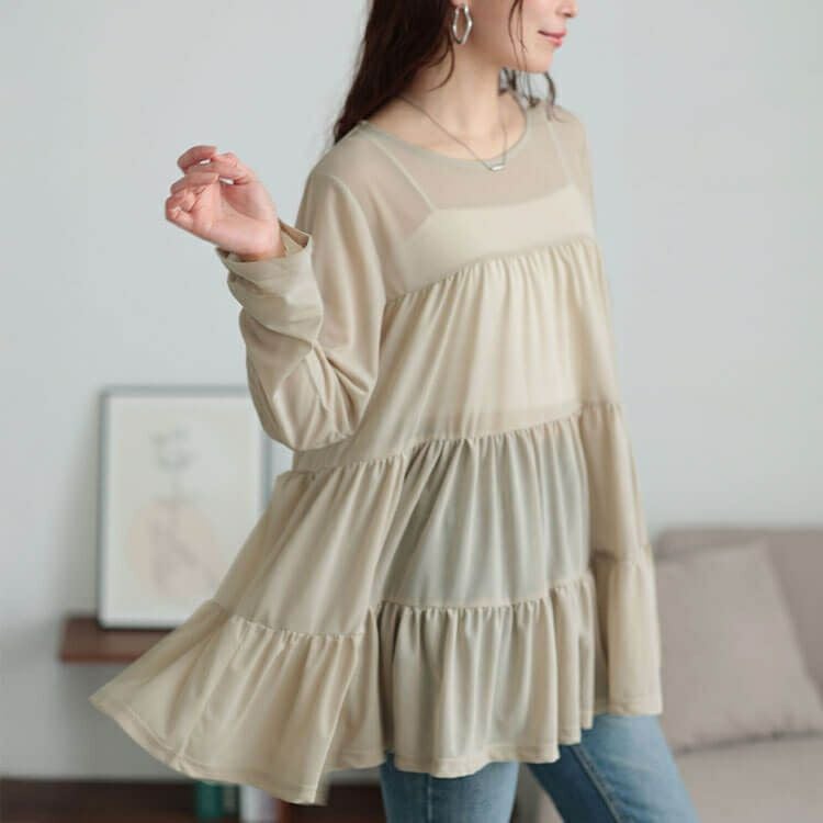 大きいサイズ レディース ストレッチカットシフォンティアードチュニック　maru-30116 【メール便可】