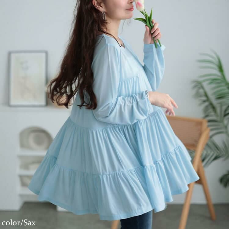 大きいサイズ レディース ストレッチカットシフォンティアードチュニック　maru-30116 【メール便可】 サックス