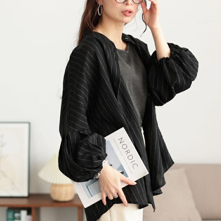 大きいサイズ レディース ピンストライプバルーンスリーブブラウス　sw-0704 【メール便可】