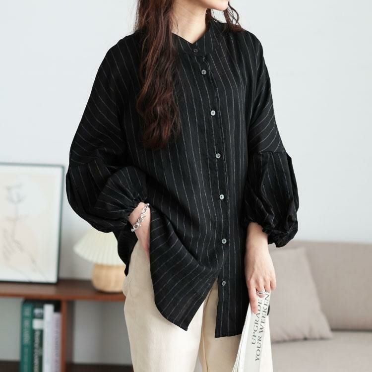 大きいサイズ レディース ピンストライプバルーンスリーブブラウス　sw-0704 【メール便可】 ブラック