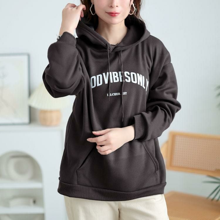 大きいサイズ レディース 裏起毛英字ロゴスウェットパーカー　goldy-1631 グレー