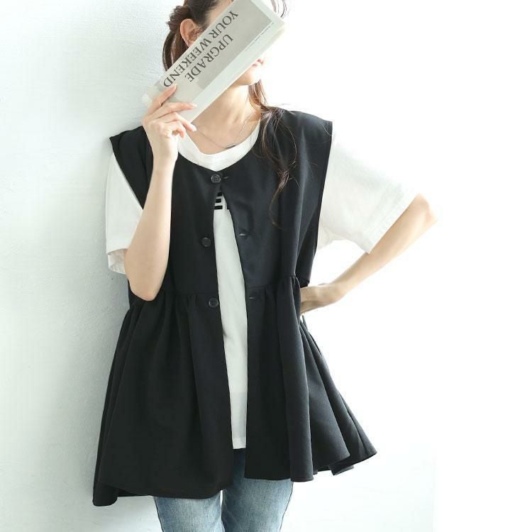 大きいサイズ レディース ジョーゼットペプラムベスト　bai-0178 ブラック
