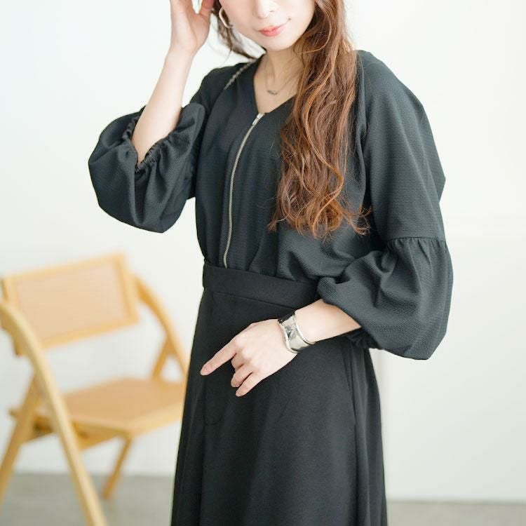 大きいサイズ レディース バルーン袖ドッキングZIPワンピース　nw-25009 ブラック