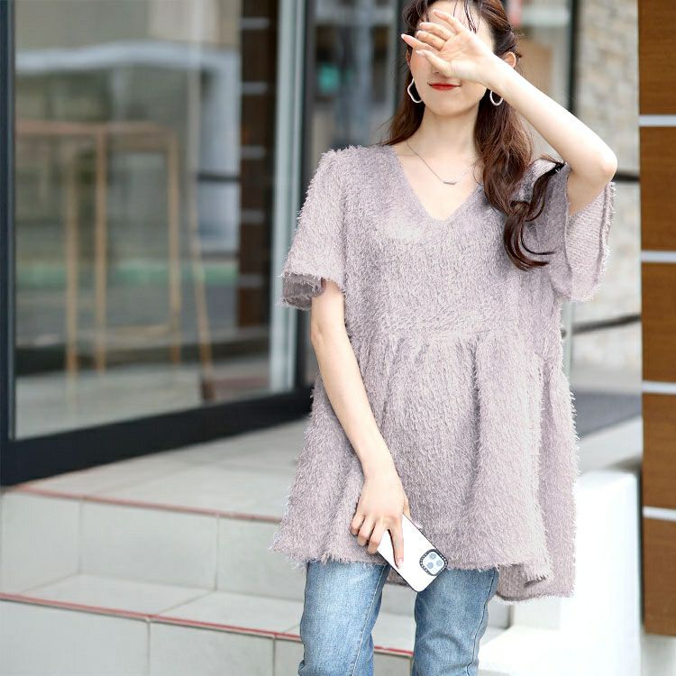 大きいサイズ レディース 前後2wayフリンジジャガードペプラムチュニック　fem-578