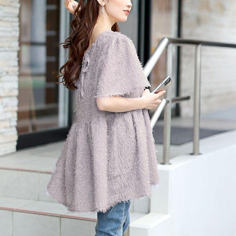 大きいサイズ レディース 前後2wayフリンジジャガードペプラムチュニック　fem-578