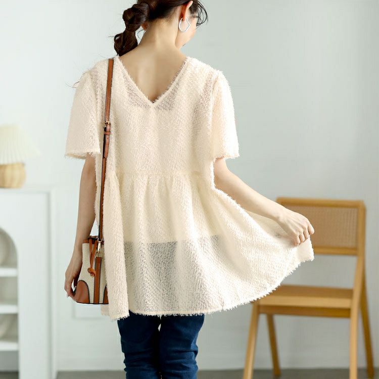 大きいサイズ レディース 前後2wayフリンジジャガードペプラムチュニック　fem-578