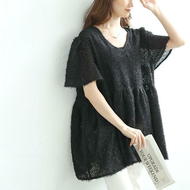 大きいサイズ レディース 前後2wayフリンジジャガードペプラムチュニック　fem-578 ブラック