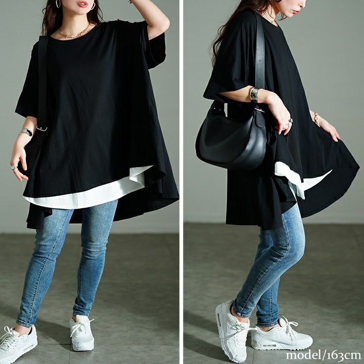 大きいサイズ レディース 裾フェイクレイヤードチュニック　bai-0181