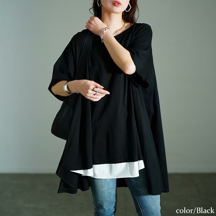大きいサイズ レディース 裾フェイクレイヤードチュニック　bai-0181 ブラック