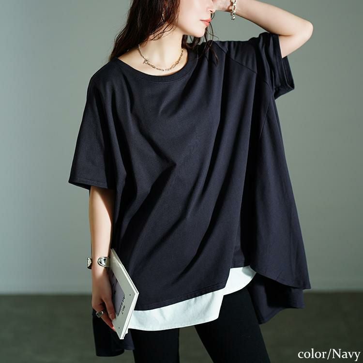 大きいサイズ レディース 裾フェイクレイヤードチュニック　bai-0181 ネイビー