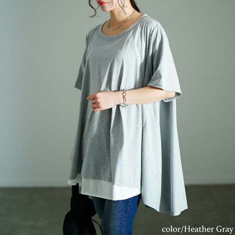 大きいサイズ レディース 裾フェイクレイヤードチュニック　bai-0181 杢グレー