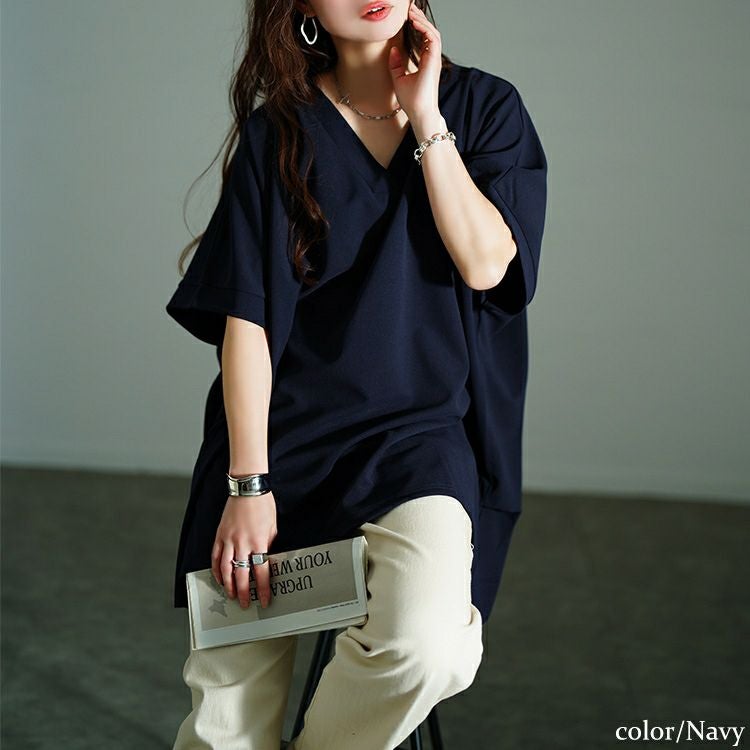 大きいサイズ レディース Vネックタックドルマンチュニック　bai-0179