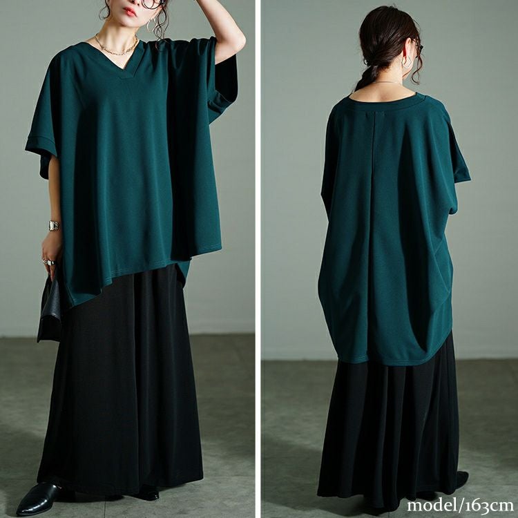 大きいサイズ レディース Vネックタックドルマンチュニック　bai-0179