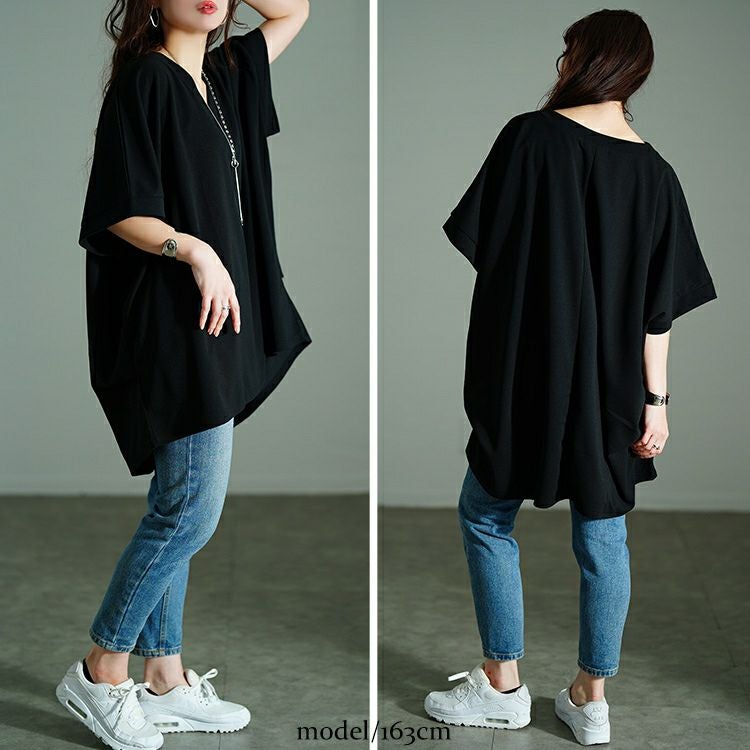 大きいサイズ レディース Vネックタックドルマンチュニック　bai-0179