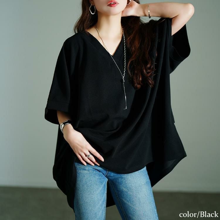 大きいサイズ レディース Vネックタックドルマンチュニック　bai-0179 ブラック