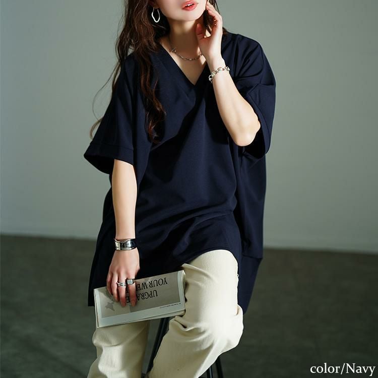 大きいサイズ レディース Vネックタックドルマンチュニック　bai-0179 ネイビー