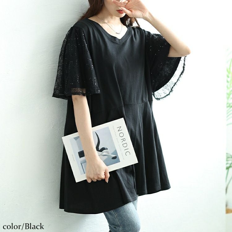 大きいサイズ レディース レースフレア袖レイヤードペプラムチュニック　bai-0175