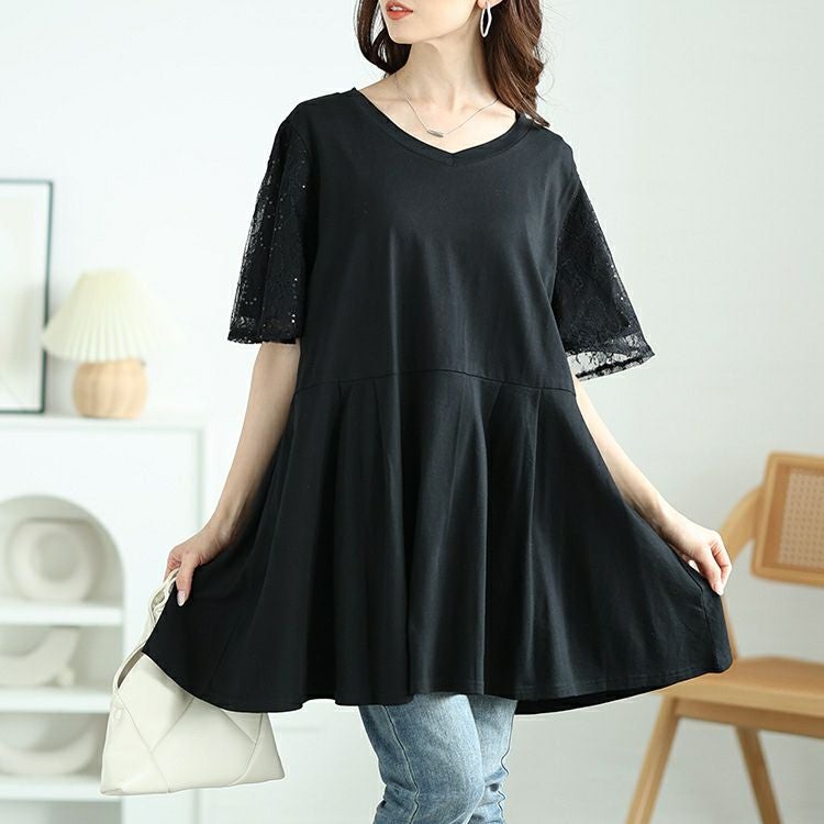 大きいサイズ レディース レースフレア袖レイヤードペプラムチュニック　bai-0175
