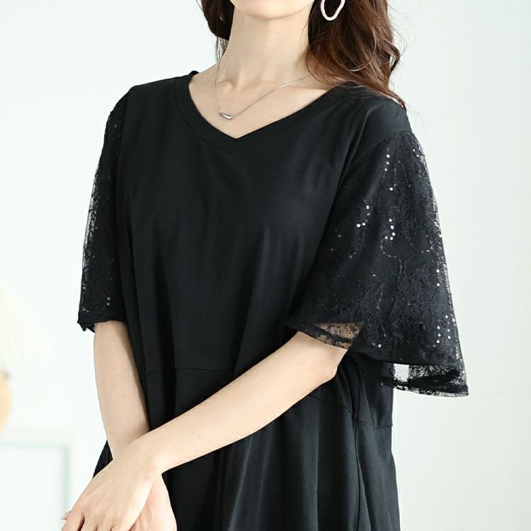 大きいサイズ レディース レースフレア袖レイヤードペプラムチュニック　bai-0175