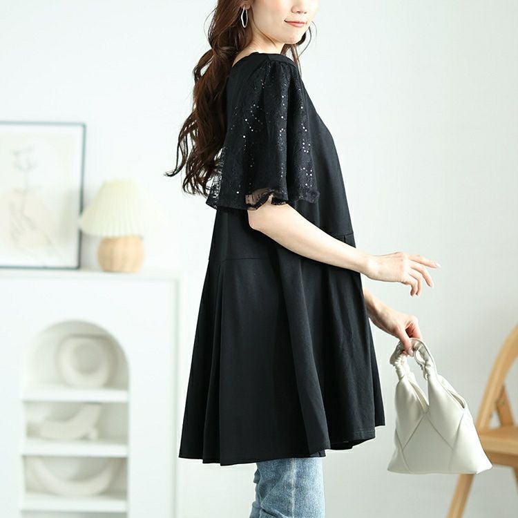 大きいサイズ レディース レースフレア袖レイヤードペプラムチュニック　bai-0175
