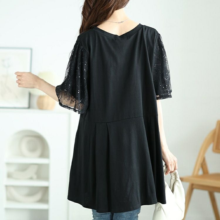 大きいサイズ レディース レースフレア袖レイヤードペプラムチュニック　bai-0175