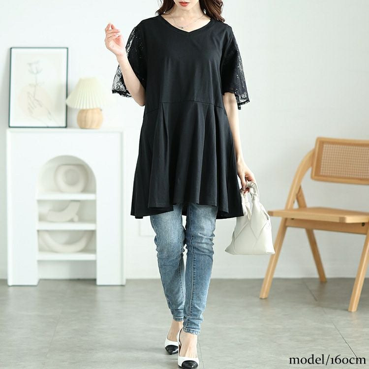 大きいサイズ レディース レースフレア袖レイヤードペプラムチュニック　bai-0175