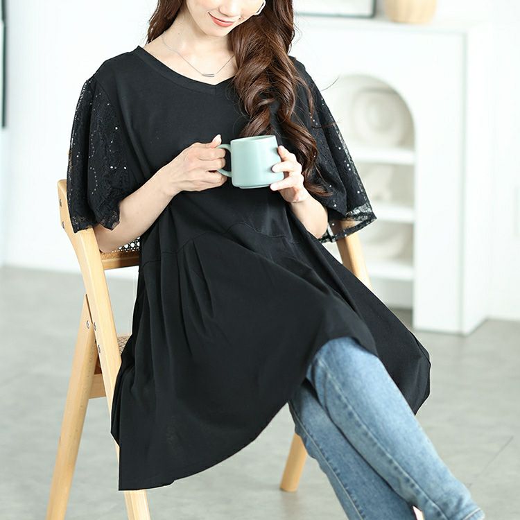 大きいサイズ レディース レースフレア袖レイヤードペプラムチュニック　bai-0175