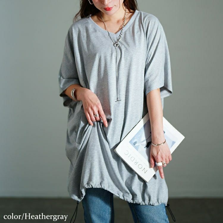 大きいサイズ レディース Vネック裾ドロストドルマンチュニック　bai-0180