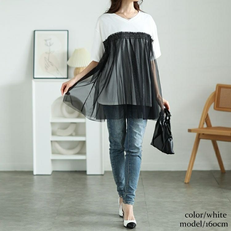 大きいサイズ レディース VネックチュールレイヤードTシャツ　bai-0172
