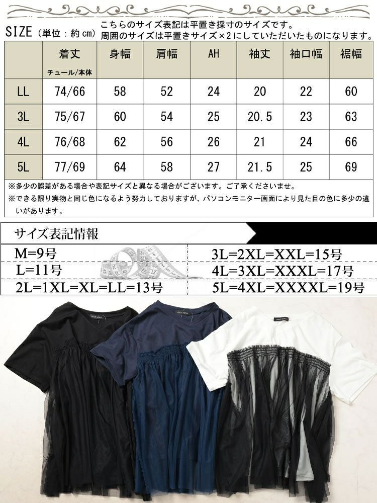 大きいサイズ レディース VネックチュールレイヤードTシャツ　bai-0172