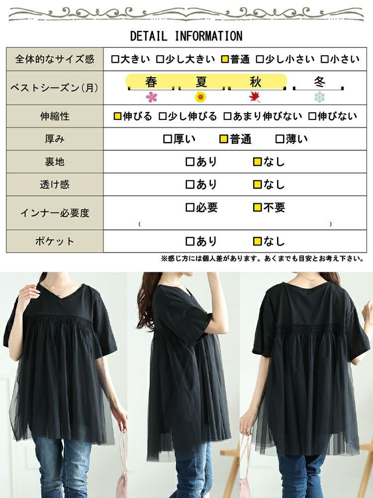 大きいサイズ レディース VネックチュールレイヤードTシャツ　bai-0172