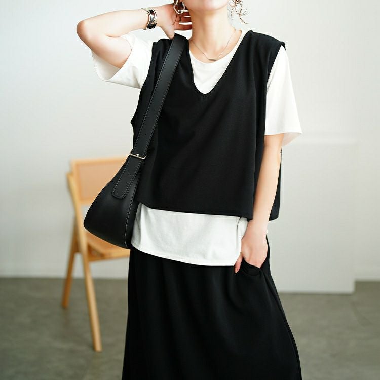 大きいサイズ レディース クロップベスト＆Tシャツ＆ナロースカート3点セット　bai-0170