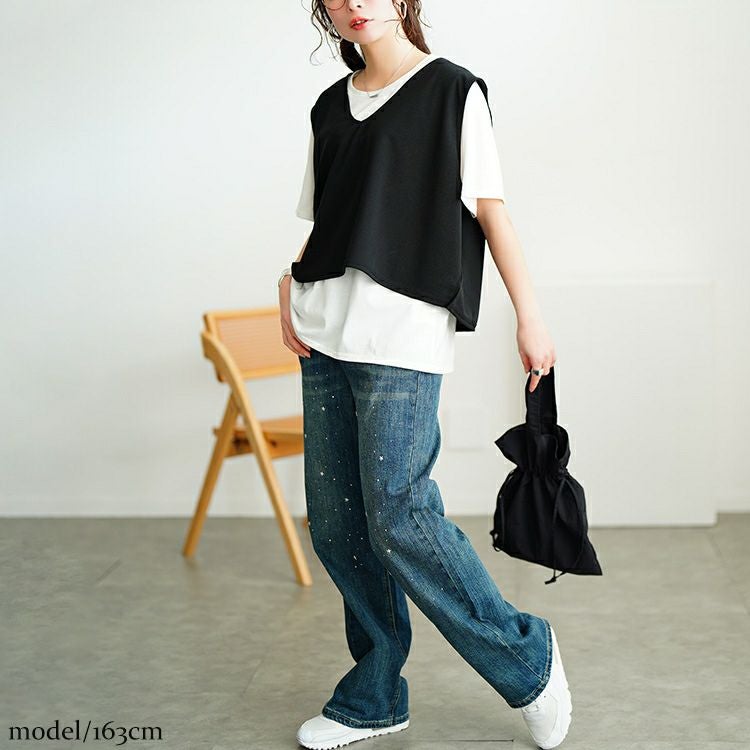 大きいサイズ レディース クロップベスト＆Tシャツ＆ナロースカート3点セット　bai-0170