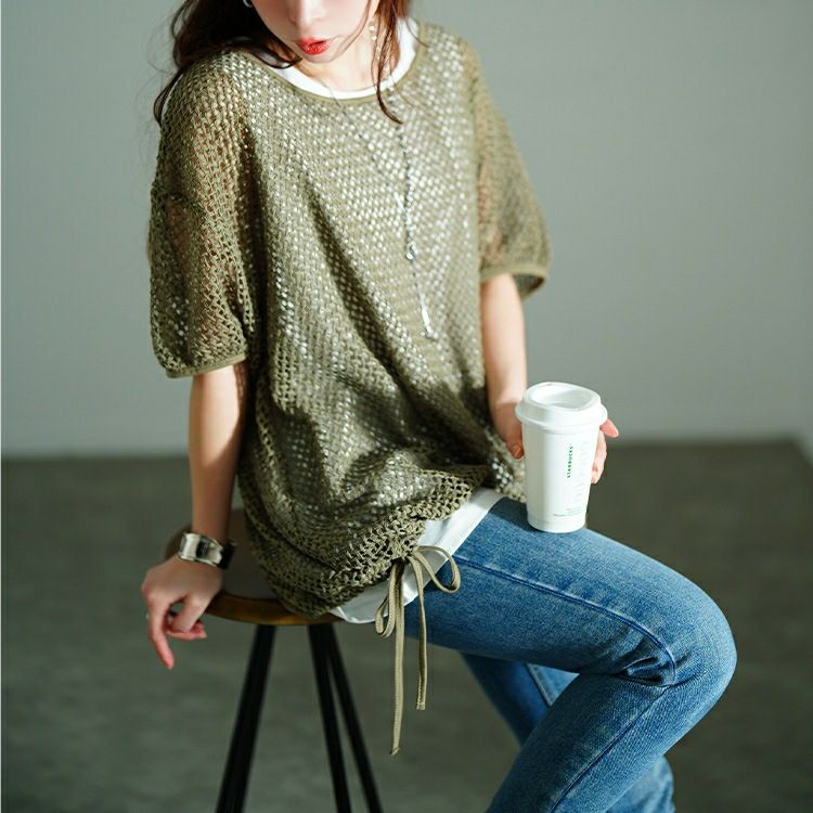 大きいサイズ レディース 裾リボンメッシュニット＆タンクトップ2点セット　bai-0169