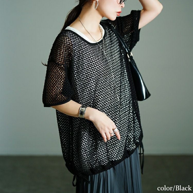 大きいサイズ レディース 裾リボンメッシュニット＆タンクトップ2点セット　bai-0169