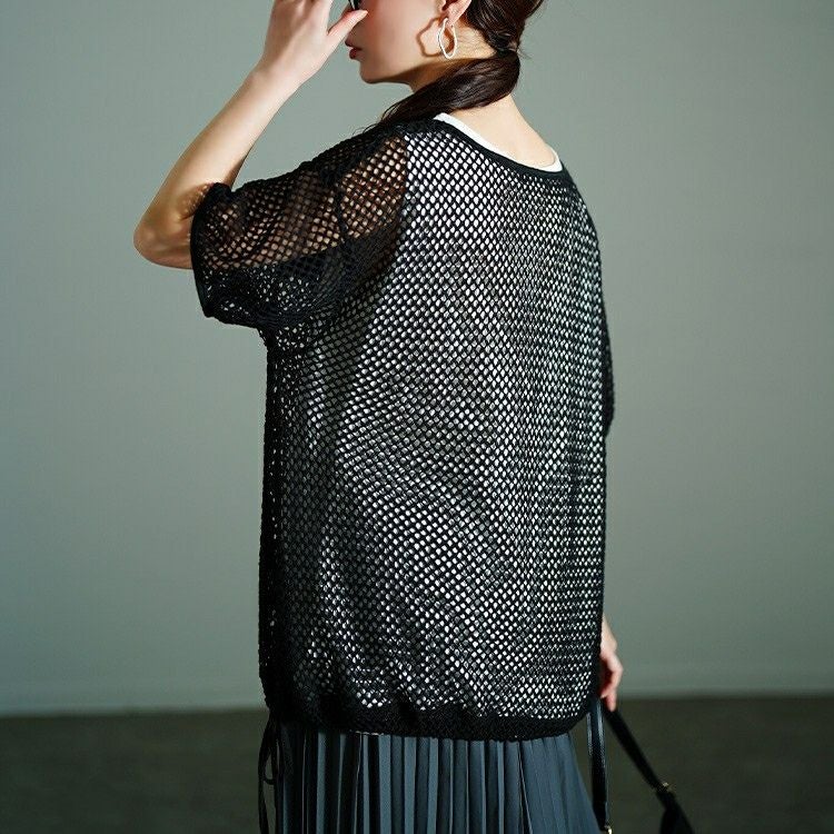 大きいサイズ レディース 裾リボンメッシュニット＆タンクトップ2点セット　bai-0169