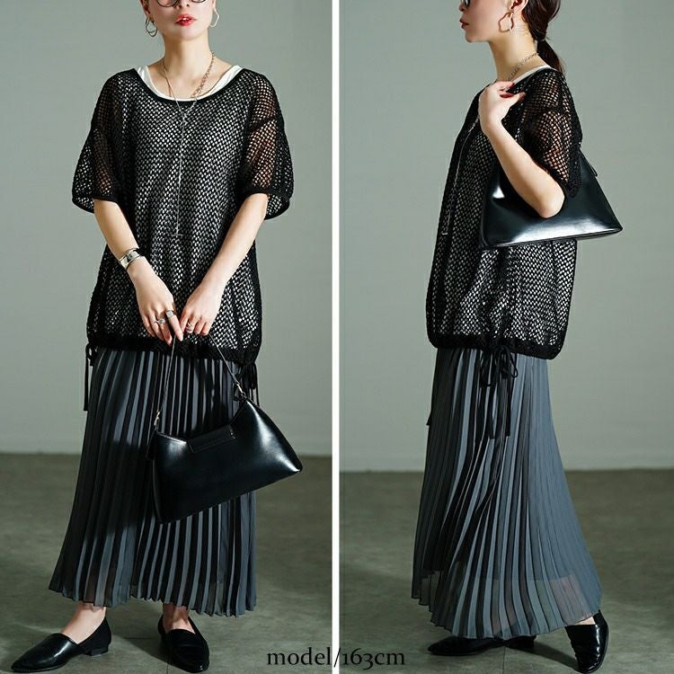 大きいサイズ レディース 裾リボンメッシュニット＆タンクトップ2点セット　bai-0169