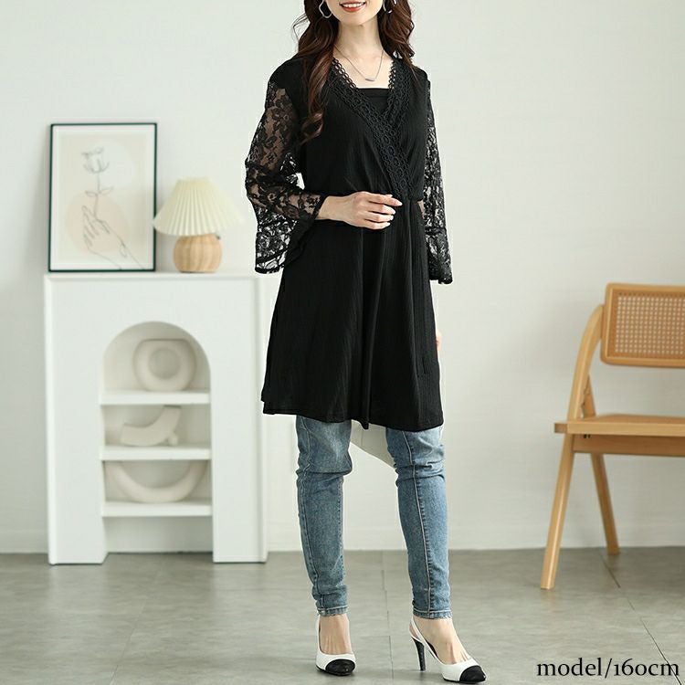 大きいサイズ レディース レースベルスリーブカシュクールチュニック　jp165n