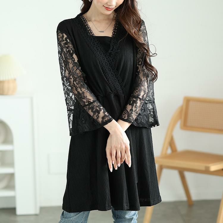 大きいサイズ レディース レースベルスリーブカシュクールチュニック