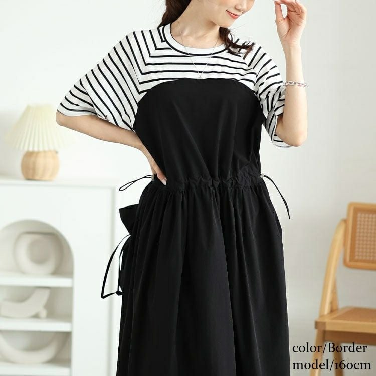 大きいサイズ レディース 異素材ドッキングビスチェワンピース　maru-30123