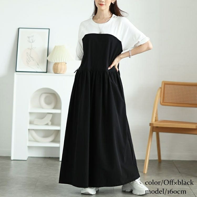 大きいサイズ レディース 異素材ドッキングビスチェワンピース　maru-30123