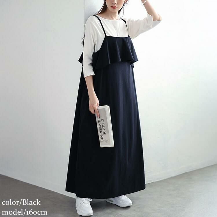 大きいサイズ レディース 軽量ラッフルフリルキャミソールワンピース　maru-30122 ブラック