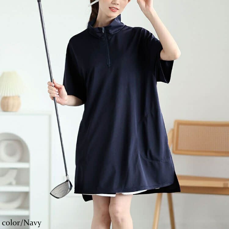 大きいサイズ レディース ハーフZIPミニハイネックチュニック　fem-543 【メール便可】