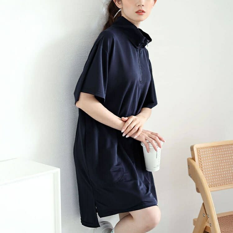 大きいサイズ レディース ハーフZIPミニハイネックチュニック　fem-543 【メール便可】