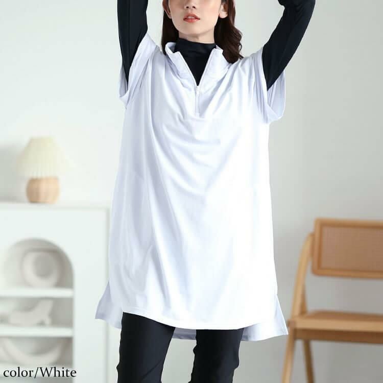 大きいサイズ レディース ハーフZIPミニハイネックチュニック　fem-543 【メール便可】 ホワイト