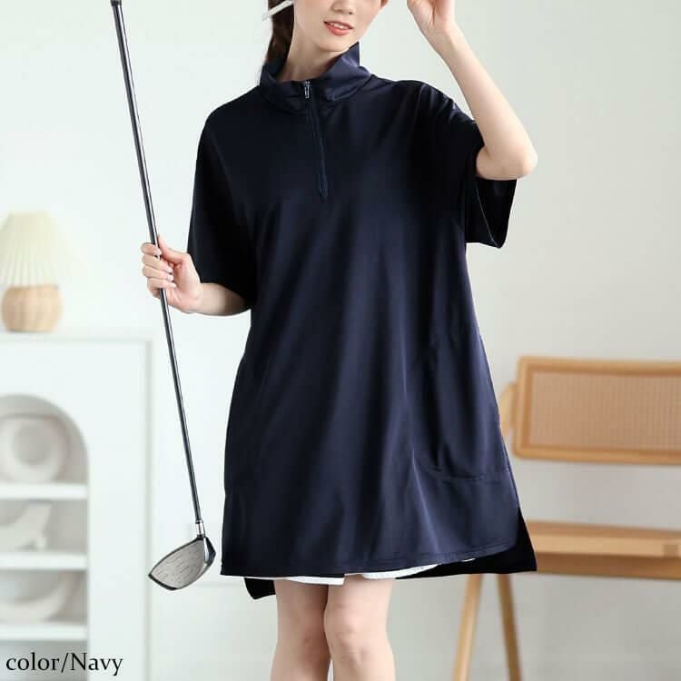 大きいサイズ レディース ハーフZIPミニハイネックチュニック fem-543