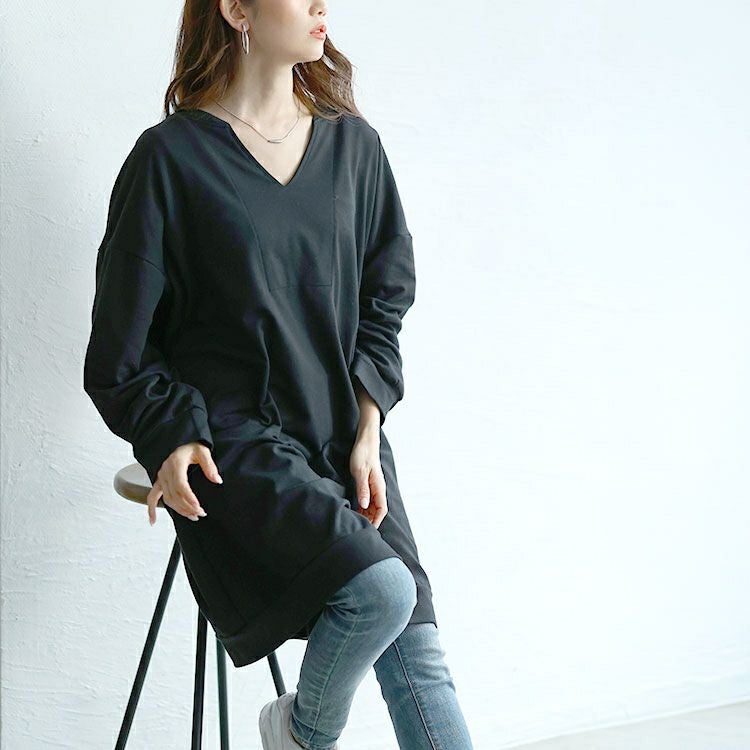 大きいサイズ レディース 深キーネックチュニックワンピース　goldy-1650