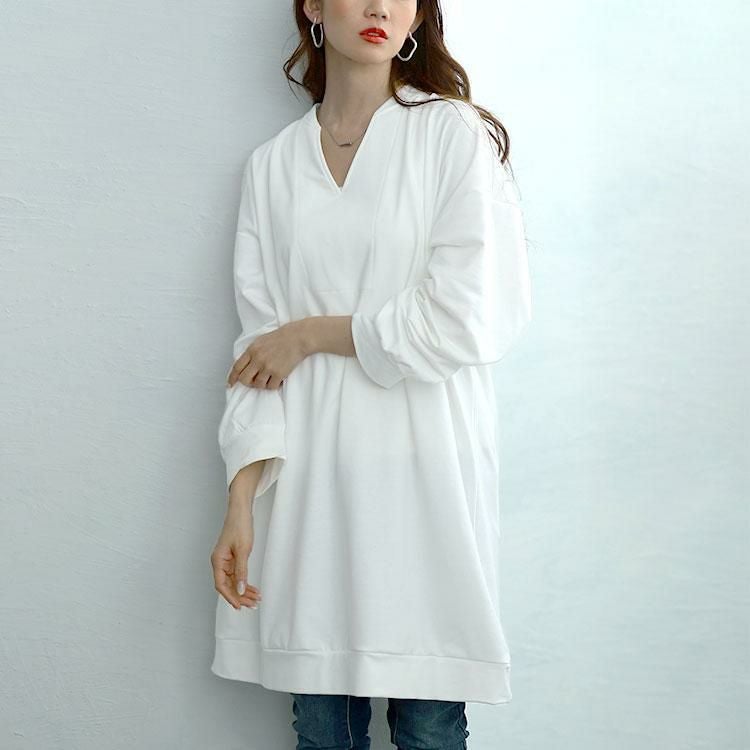 大きいサイズ レディース 深キーネックチュニックワンピース　goldy-1650 ホワイト