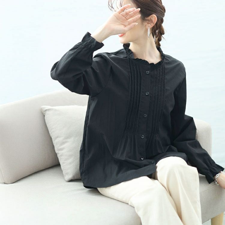 大きいサイズ レディース フリルネックプリーツブラウス　goldy-1634 【メール便可】